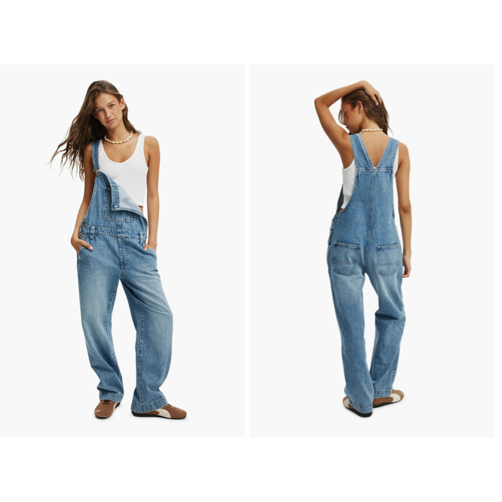 Cotton On Utility Denim Long Overall Bibs Pants 100% Cotton Size 4 Relaxed Fit